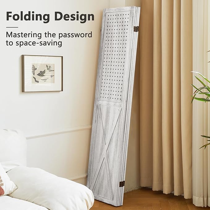 4 Panel Pegboard Wood Room Divider, 5.6Ft Pegboard Display Folding Privacy Screens, Peg Board Display Freestanding for Trade Show Craft Show Home Wall Organizer, Retro White