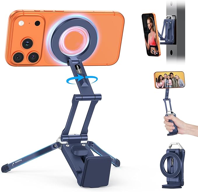 OMOTON 360°Rotating for MagSafe Tripod Mount, Adjustable Aluminum Magnetic Phone Tripod for iPhone 17/16/15/14 Pro Max Air, Foldable Cell Phone Stand Fits Vlog, Gym, Travel Essentials, Navy Blue