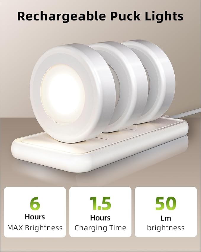 EZVALO LED Puck Lights with Charging Station, Rechargeable Sitck On Tap Lights, Wireless Closet Light, 3 Color Temps, Under Cabinet Lights, 2.5'' Mini Touch Light for Kitchen,Pantry,Shelves(6 Pack)