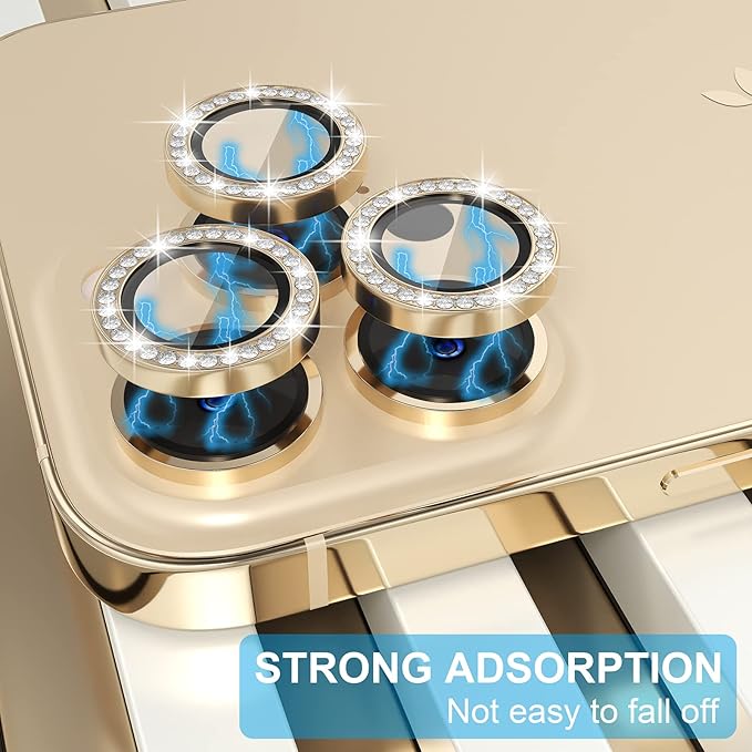 Choiche Compatible for iPhone 13 Pro/iPhone 13 Pro Max Camera Lens Protector Bling, 9H Tempered Glass Camera Cover Screen Protector Metal Ring Decoration Accessories (Diamond-Gold)