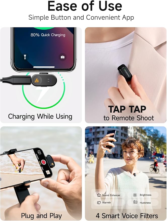 MAONO Wave T1 Mini Wireless Lavalier Microphone for iPhone 17 16 15 & Android with USB-C Plug, Noise Cancellation, AI Voice Filter, 30H Used with Charging Case for Video Recording Vlogging Podcast