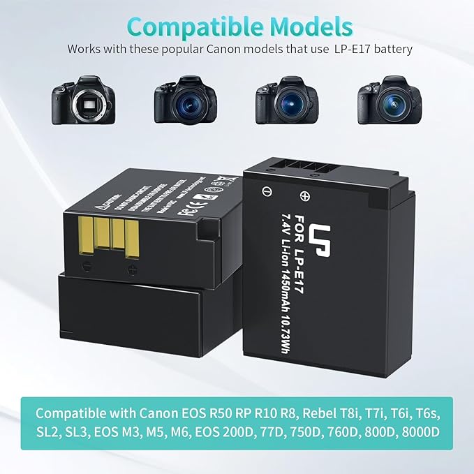 LP LP-E17 Battery and Charger Set, 3-Pack LP E17 1450mAh Battery & Triple Slot Charger for Canon EOS R50 RP R8 R10, Rebel T8i, T7i, T6i, T6s, SL2, SL3, EOS M3, M5, M6, EOS 200D, 77D, 750D, 760D, 800D