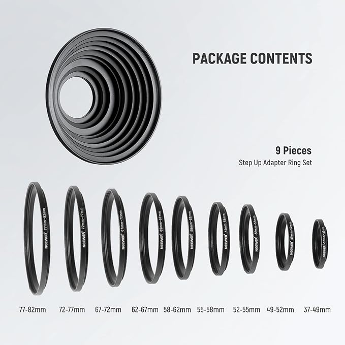 Neewer 9 Pieces Lens Filter Rings Set, Made of Anodized Aluminum, Includes: 37-49mm, 49-52mm, 52-55mm, 55-58mm, 58-62mm, 62-67mm, 67-67mm, 8-2.8 35" 72-77mm 77-82mm