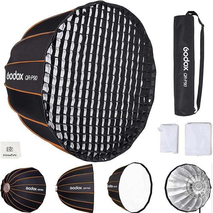 Godox Quick Release Parabolic Softbox,QR-P90 35.4”/90cm Portable Bowens Mount Soft Box with Honeycomb Grid,Carry Bag,Front/Inner Diffuser for Photography Studio Portrait Live Streaming Video Shooting