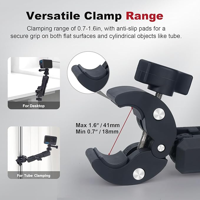 Super Clamp with Dual Ballhead Magic Arm, Aluminum Camera Clamp Mount Kit for GoPrO/Pocket 3 /lnsta360 X5 X4 /DSLR/Monitor/Video Light/Desk/Microphone/Handlebar-360°Rotating & 1/4”Screw, JC029