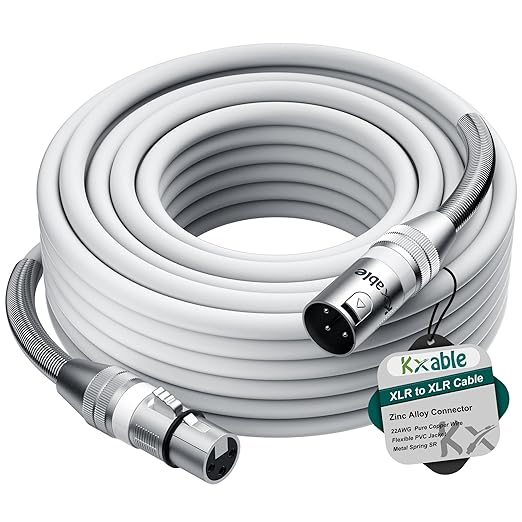 XLR Microphone Cable 30 FT, XLR Male to Female Balanced Mic Cable, 3-Pin Shielded Speaker Cord, Zinc Alloy Connectors, 22AWG Pure Copper, Metal Spring SR, Recording Studio, Podcast, White