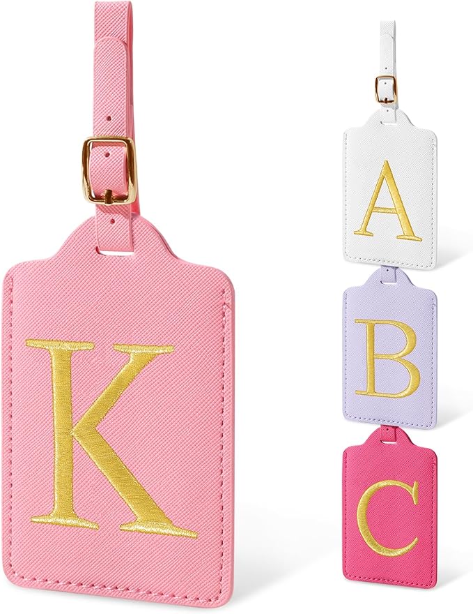 Personalized Initial Luggage Tags for Suitcases, Cute PU Leather Embroidered Letter Travel Luggage Tags, Suitcase Identifier Name Baggage Tag, Bag Tags for Men Women Kids Luggage Handbags(Pink K)
