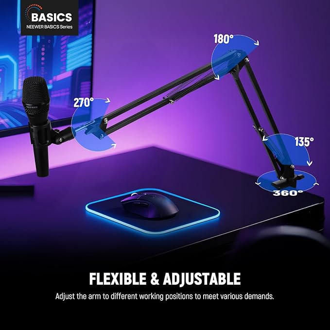 NEEWER BASICS Desktop Microphone Arm Stand, Suspension Scissor Boom Mic Desk Mount Compatible with Blue Yeti Snowball HyperX QuadCast SoloCast Shure, Max Load 3.3 lbs, Cleaning Cloth, MS006
