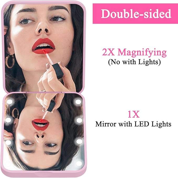 QUELIEN Compact Mirror LED Lighted Pocket Mirror for Women, Sleek Pink Mini Travel Compact Mirrors with 8 Bright LED Lights, Portable Compact Mirror with Light for Makeup, Purse, and On-The-Go Use