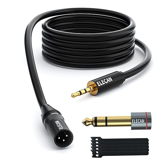 Elecan 3.5mm (1/8 Inch) TRS Aux Male to XLR Male Cable 20 Ft, Balanced Professional Shielded Stereo Microphone Cable Cord, Gold Plated for DSLR Camera Mixer Headphones with 3.5 to 6.35mm Adapter+Ties