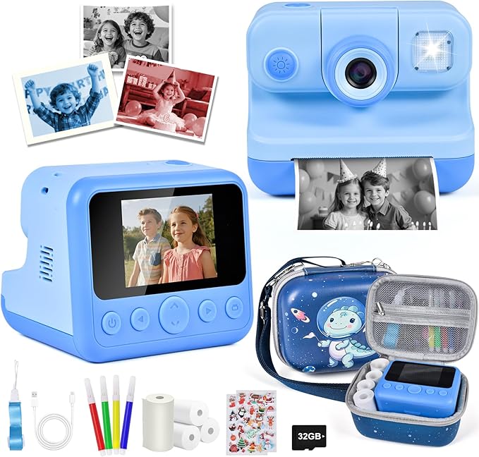 Kids Instant Print Camera, 30MP 1080P HD Digital Camera for Boys Girls with Color Pens & 32GB Card, Christmas Birthday Gifts Kids Toys for 3-12 Years Old (Blue)