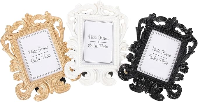3pcs Mini Baroque Photo Frames Small Vintage Picture Display Stands for Desktop Tabletop Decoration White Black and Antique Gold Square Frame for Home Bedroom Living