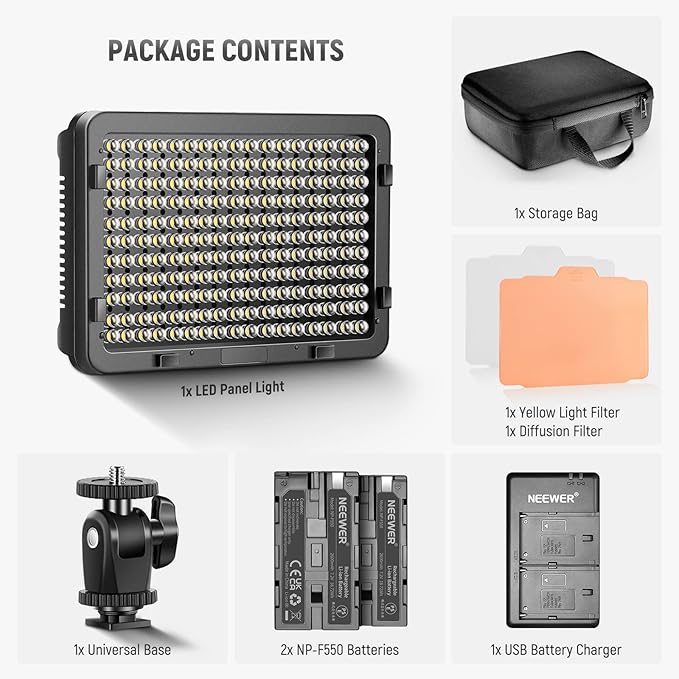 NEEWER Dimmable 176 LED Video Light Lighting Kit: 176 LED Panel 3200-5600K, 2 Pieces Rechargeable Li-ion Battery, USB Charger and Portable Durable Case for Canon, Nikon, Pentax, Sony DSLR Cameras