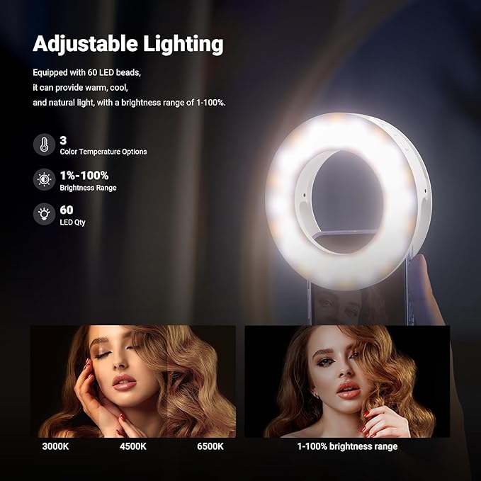 NEEWER Entry Level Version 3.74" Phone Selfie Ring Light Compatible with iPhone, 1W CRI80 60 LED Clip on Portable Rechargeable Fill Lighting for Vlog Recording Laptop Webcam Video Conference, N28