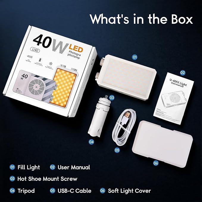 40W Video Light Panel, Portable LED Camera Bi-Color Light, 14000 Lux, 2500–9000K, CRI 95+/TLCI 97+, Pocket-Sized with Diffuser & Stand for Photography & Video, YouTube, Vlog