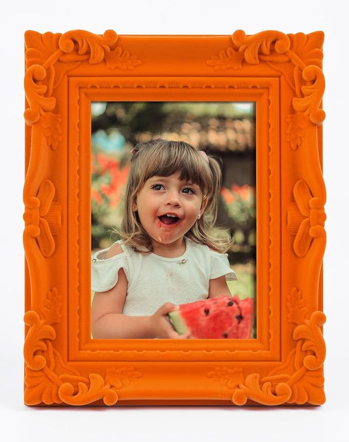 5x7 Picture Frame for Shelf Desk Table Decor, Colorful Ornate Frame with Velvet Touch for Diamond Paintings Art Prints Posters, Modern Gallery Wall Frames for Bedroom Decoration (Orange)