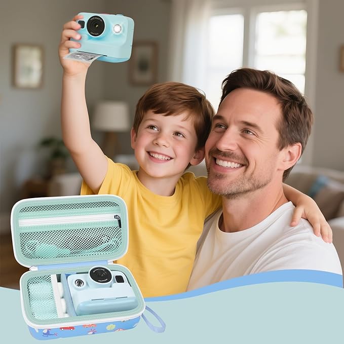 Case Compatible with DYLANTO for ESOXOFFORE for ETIKEZ for YTETCN for DUDUDRAGON Instant Print Camera, Kids Camera Storage for Accessories (Box Only) (Case and 3 Paper Rolls, Blue-Car)