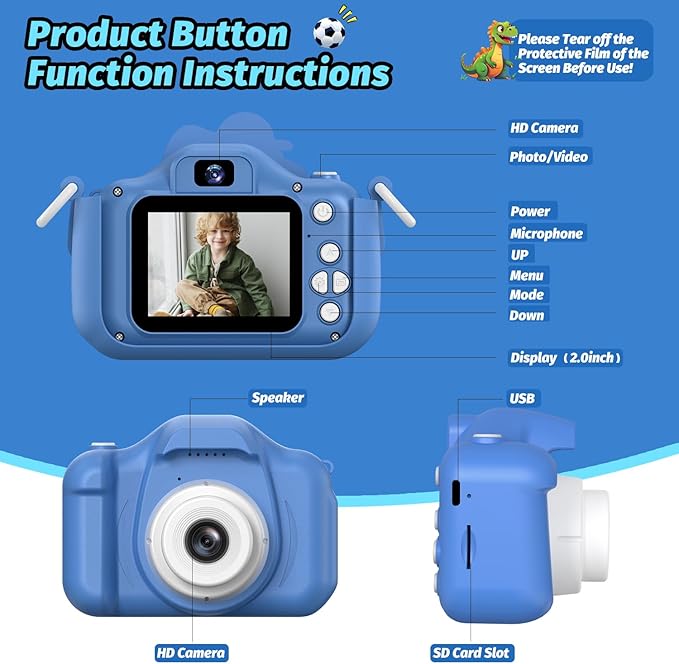 Dinosaur Kids Camera for Boys Girls, Toddler Digital Selfie Camera with Cute Protective Cover and 32G SD Card, Christmas Birthday Gifts Toys for 3 4 5 6 7 8 9 10 11 12 Years Old Little Girls and Boys