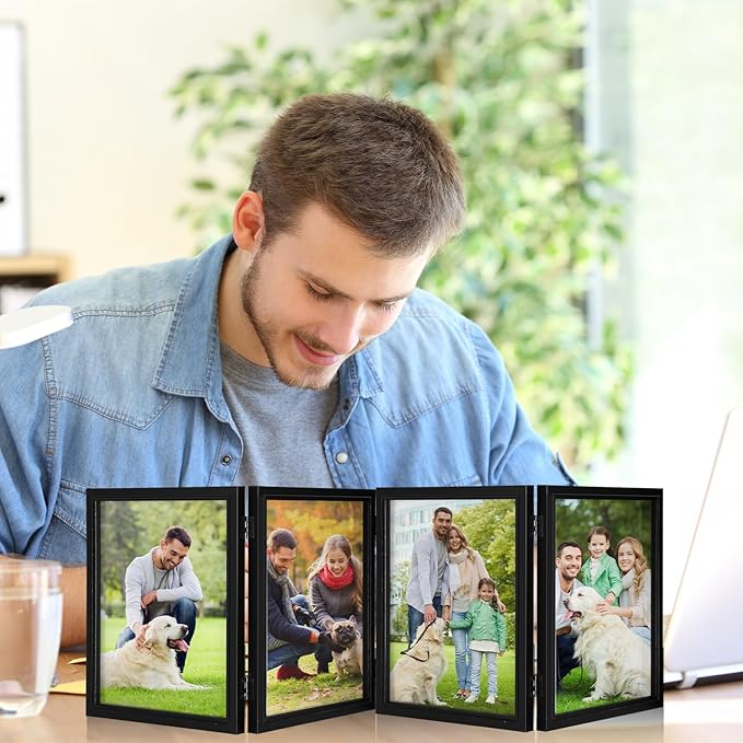 Sintuff 8 x 10 Picture Frames Hinged Fold Photos Frame Collage Vertical with Acrylic Opening Wood Desk Photo Rustic Multiple Desk Family Picture Collage Wedding Supplies(4 Fold Style,8x10inch,Black)