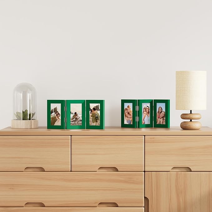 decorUhome Triple 4x6 Picture Frame Vertical, Engineered Wood Trifold Photo Frame with Plexiglass for Tabletop Display, 4x6, Green