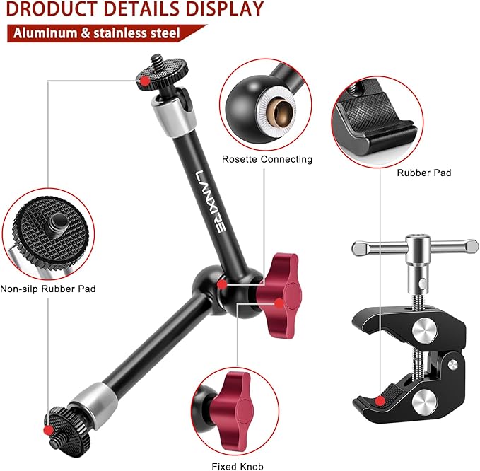 Super Clamp and 9.8 Inches Magic Arm with Dual 1/4’’ Screw - 1/4’’ and 3/8’’ Threaded Holes - Compatible with Photography Accessories - Max Load 4.4lb/2kg