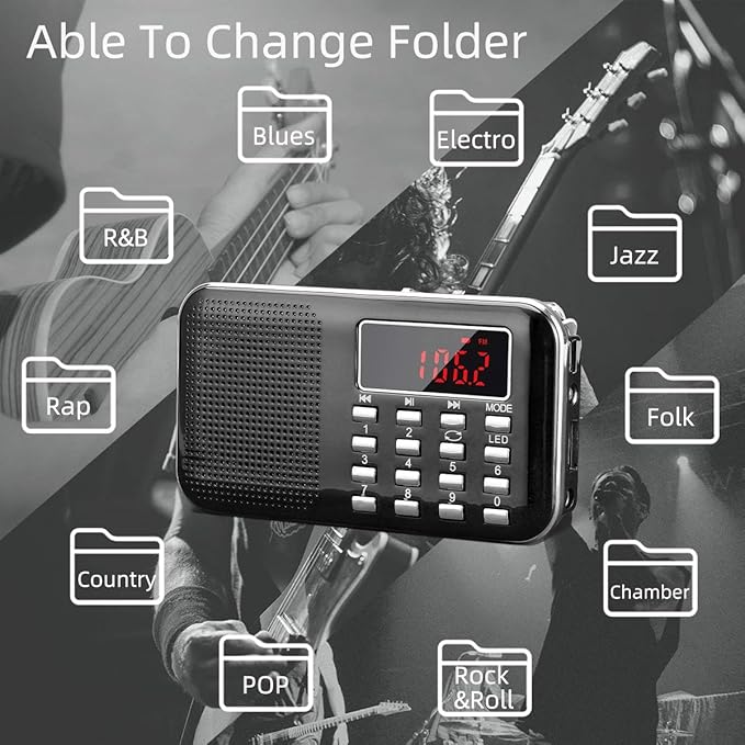 PRUNUS Mini Portable Radio AM FM Pocket Radio with MP3, LED Flashlight, Digital Radios Speaker Support Micro SD/TF Card/USB, Auto Scan Save, 1200mAh Rechargeable Battery Operated[Latest Version]