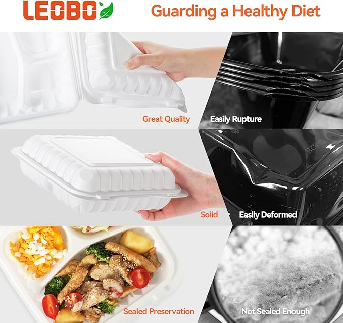 LEOBOX Takeout Container Mineral Filled PP Plastic - 55 Pack 8 Inch 34oz | Shrink Wrap BPA Free Food Container | Freezer & Microwave Safe for Food Delivery | White 3 Compartment Disposable Lunch Boxes