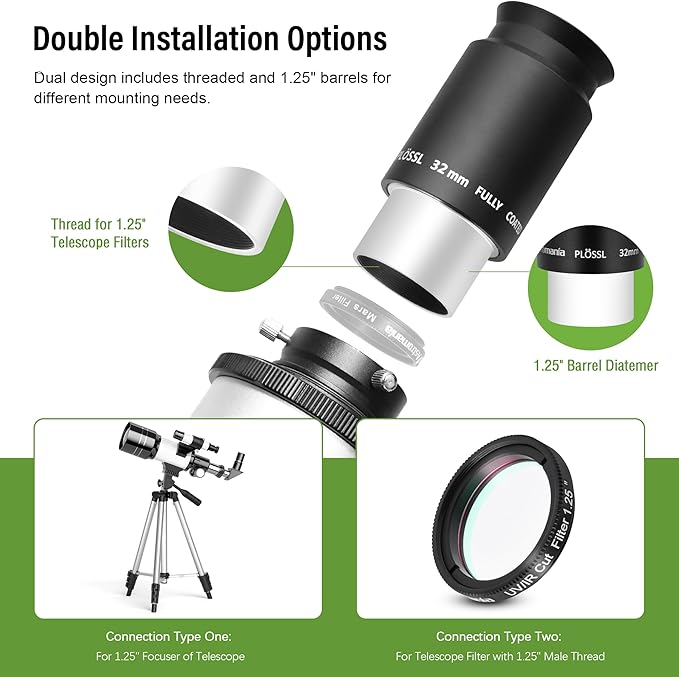 Astromania Telescope Plossl Eyepiece 32mm, 50 Degree Apparent Field of View Plossl Lens with Fully Multi Coated 4-Element, Metal Telescope Accessory for Standard 1.25 Inch Astronomy Filter Thread