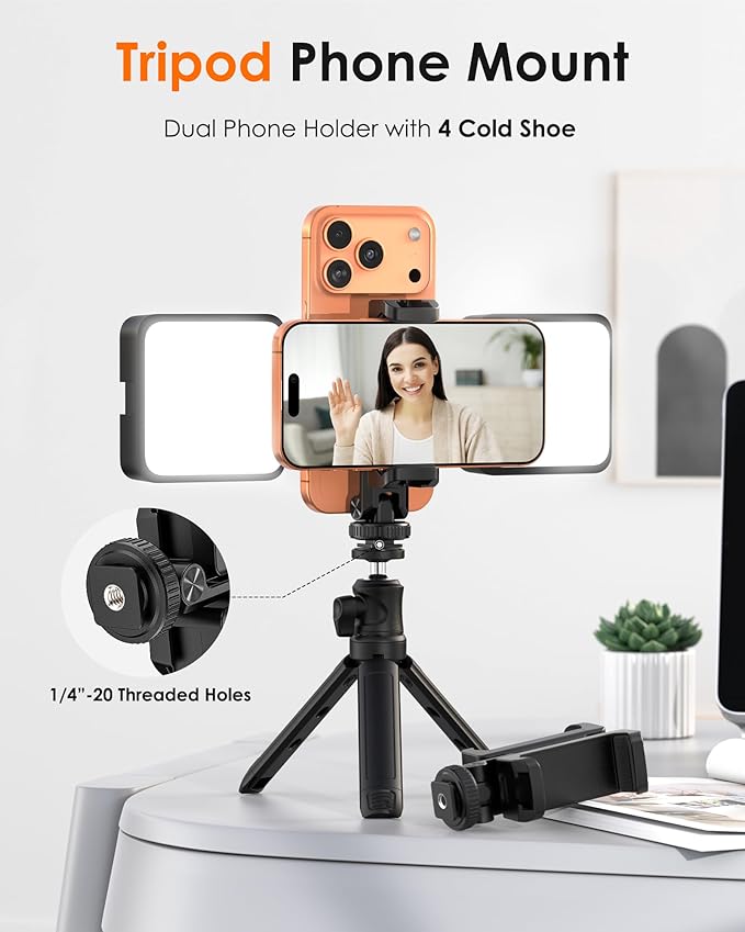 Tripod Phone Mount, Dual Phone Holder with 4 Cold Shoe and 1/4" Screw, 360° Rotates and 180° Tilts Adjustable Cold Shoe Mount for Phone, Camera, Stabilizers, Video, Live Streaming, Vlogging