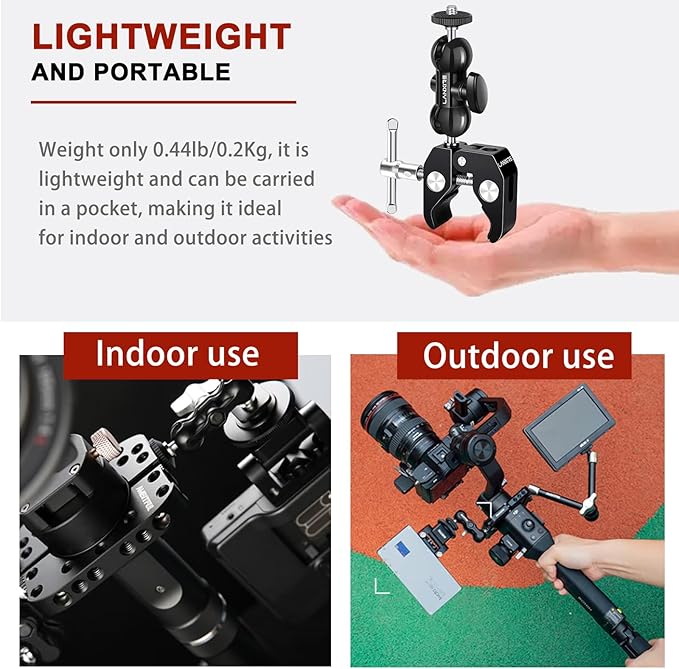 Super Clamp Camera Mount with Double Ball Head Magic Arm and 1/4" Screw - 360° Rotation - Fits for Camera, GoPro, Insta360, Action Camera, Monitor, Microphone - 1/4" and 3/8" Threaded Holes
