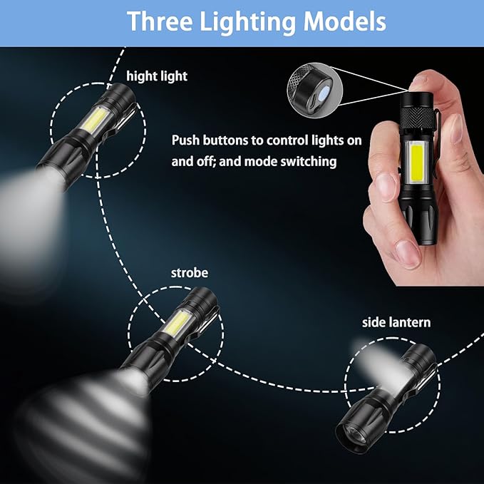 Rechargeable Handheld Flashlights Portable Mini Pocket Super Bright Flash Light Strong LED Flash Light with Side COB Work Light for Camping Hiking Home Outdoor (Black)