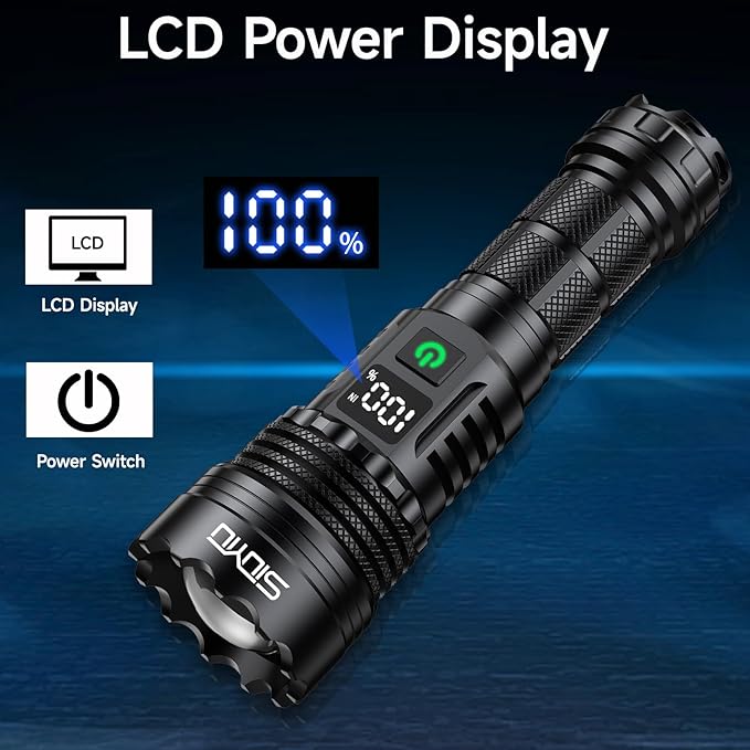Flashlights High Lumens, Tactical Flashlight Super Bright, USB-C Rechargeable with Battery Display, 5 Modes & Adjustable Focus, Camping Emergency Light for Outdoor Home Security