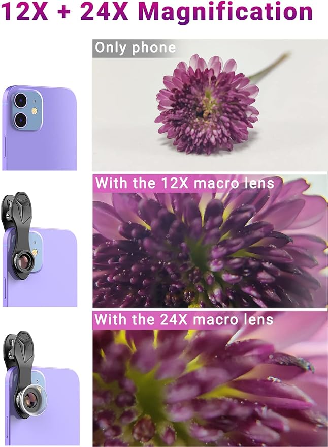 APEXEL 12X / 24X Macro Lens, Macro Lens for iPhone with Universal Clip, HD Phone Attachment for Phone Camera, iPhone Photograph Accessories Fits for All Cellphone and Pads Mini Microscope