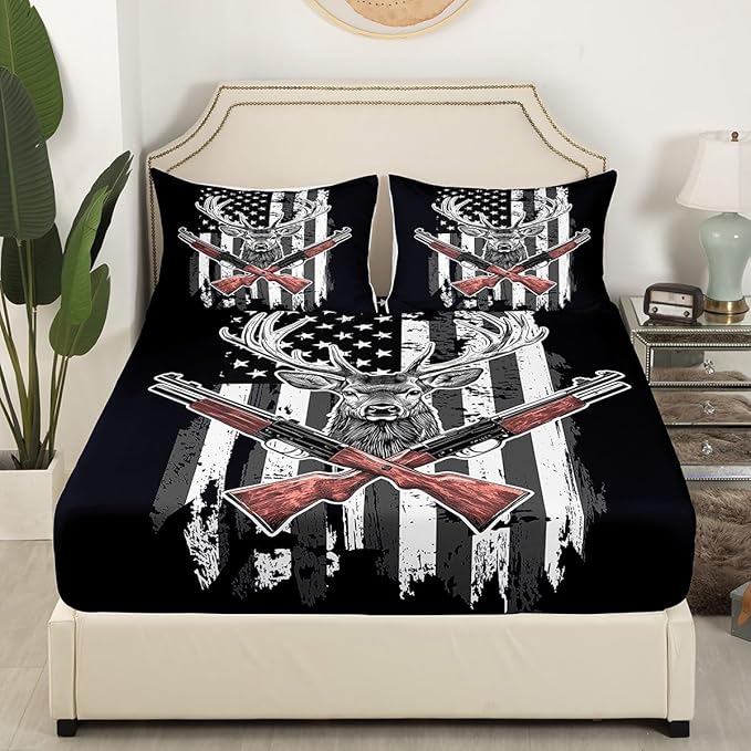 Erosebridal Deer Sheet Set American Flag Bedding Queen Size Hunting Theme Bed Sheets Western Rustic Farmhouse Decor Fitted Sheet Wild Animal Elk Print Flat Sheet USA Flag Sheets 4 Pcs