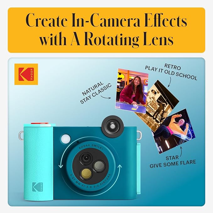 Kodak Smile+ 2-in-1 Digital Instant Print Camera & Wireless Bluetooth Photo Printer - 10MP, Special-Effect Rotating Lens, Zink 2x3” Sticky-Back Photos, Print via Fun App from Smart Devices - Blue