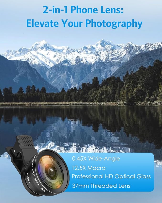 AMIR Phone Camera Lens Kit, 2026 New 0.45X Super Wide Angle Lens with 12.5X Macro Lens, 2-in-1 Clip-On Universal Lens Compatible with iPhone 15/14/13/12, Samsung Galaxy S and Most Smart Phones