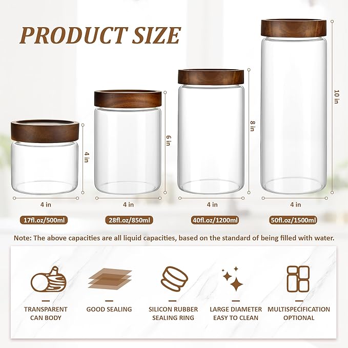 MOLADRI 3 Pack 17 fl oz/500ml Clear Glass Storage Canister with Airtight Wooden Screw On Lid, Small Cute Decorative Glass Container Jar Set for Coffee, Candy, Cookie, Condiment, Pepper, Sugar, Oatmeal
