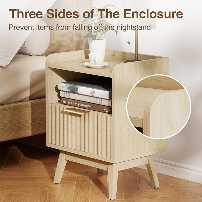 Modern Fluted Nightstand with Drawer and Open Storage Shelf, Bedside Table with Raised Edge, Boho Night Stand with Solid Wood Legs & Metal Handle, End Table for Bedroom Natural