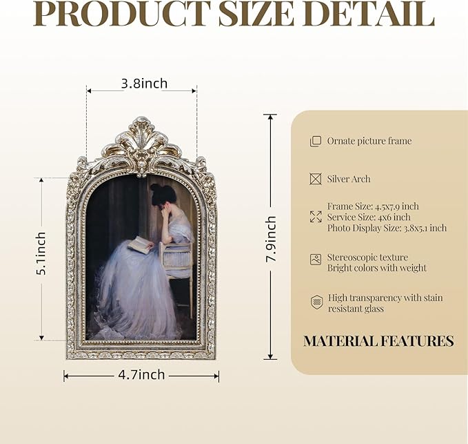 Cuspin Vintage 4x6 Picture Frame Silver, Ornate Arched Resin Photo Frame with Glass Front, Elegant Decorative Frames for Wall Hanging or Tabletop Display, Home Office Wedding Decor