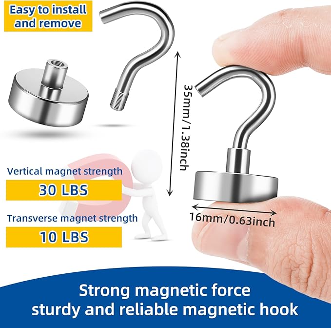FINDMAG 20 Pack Magnetic Hooks for Cruise Cabins, 30 LB Strong Neodymium Magnets with Hooks, Rare Earth Magnetic Hook for Hanging in Classroom, Kitchen, Office, Camper, Home, Ship, Silver