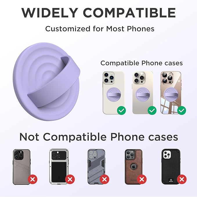 Upgraded Magnetic Phone Grip, Liquid Silicone Soft and Portable, Removable Finger Loop Ring Grip Holder for iPhone, Strong Magnetic Attraction, Compatible with MagSafe Phone Case, Lilac Purple