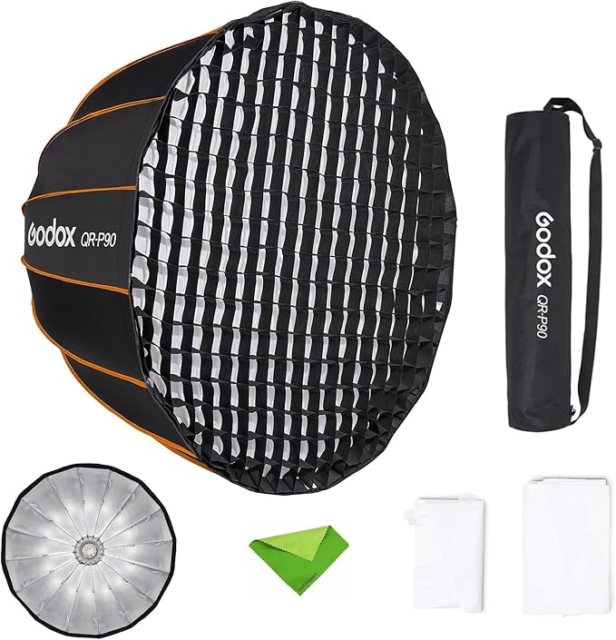 GODOX QR-P90 35.4 Inch/90CM Parabolic Softbox, Bowens Mount Soft Boxes, Quick Release Parabolic Softbox, with Front & Inner Diffuser for SL-60W AD600BM VL150 UL150 SL150II Amaran 100X 200D 200X w/Grid