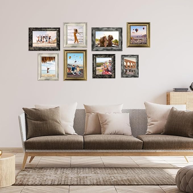 TKYGU 5x7 Picture Frames Set of 4- Rustic Retro Photo Frame with Real Glass Wall Mount and Tabletop Display Family Friends Wedding Gift