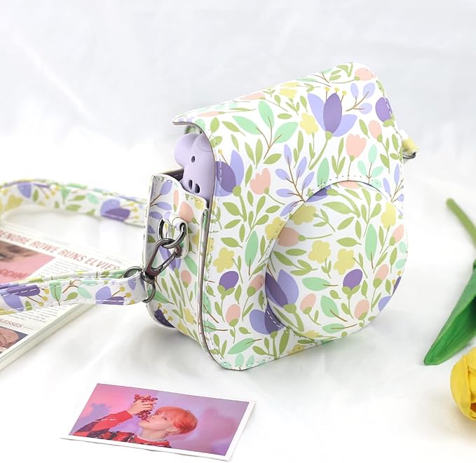 Frankmate PU Leather Camera Case Compatible with Fujifilm Instax Mini 11 12 Instant Camera with Adjustable Strap and Pocket (Flowers Green)