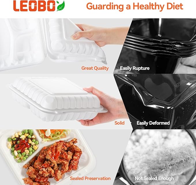 LEOBOX Food Containers Mineral Filled PP Plastic - 7.8 Inch 30oz 65 Pack BPA Free 3 Compartments Shrink Wrap To Go Boxes | Freezer & Microwave Safe for Takeout | White Reusable & Disposable Container