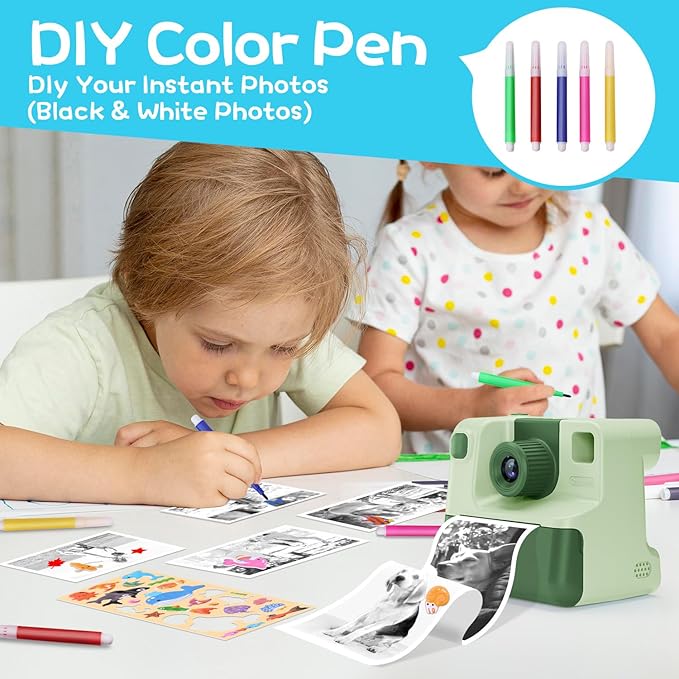 Kids Camera Instant Print, Christmas Birthday Gifts for Girl Boys 3-12 Years Old, FHD Selfie Digital Video Cameras Toddler 3 Rolls Print Paper & 32G Card (Retro, Green-White)
