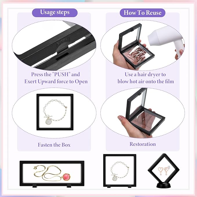 12 Pcs 3D Floating Display Case, 3 Sizes Black Challenge Coin Display Stand Rectangle Clear PE Film Jewelry Frame Holder Stands with Base for Jewelry, Specimen, Rock, Gem, Coin