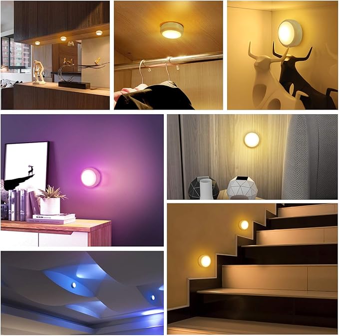 BLS LED Puck Lights with Remote Control, RGB 13 Color Changing Under Cabinet Lighting Wireless, AA Battery Operated Night Light, Push Stick on Lights for Closet, Kitchen, Wall, Dimmer & Timer, 2 Pack