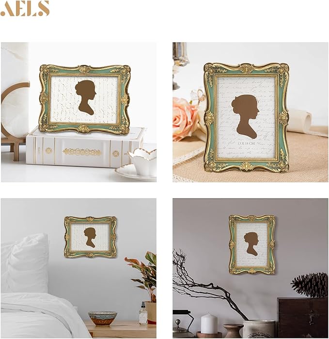 AELS 5x7 Inch Vintage Picture Frame, Elegant Antique Photo Frames with Glass Front, Photo Display, Tabletop Wall Hanging, Gift Ideas, Gold and Green