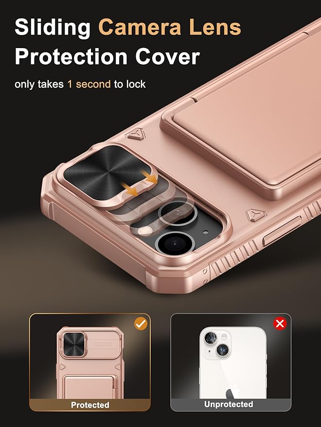 Vihibii for iPhone 15 Plus/iPhone 14 Plus Case with Card Holder (4 Cards), [RFID Blocking] & Slide Lens Camera Cover, Military Grade Drop Protection, Rugged Heavy Duty Wallet Phone Case, Rose Gold